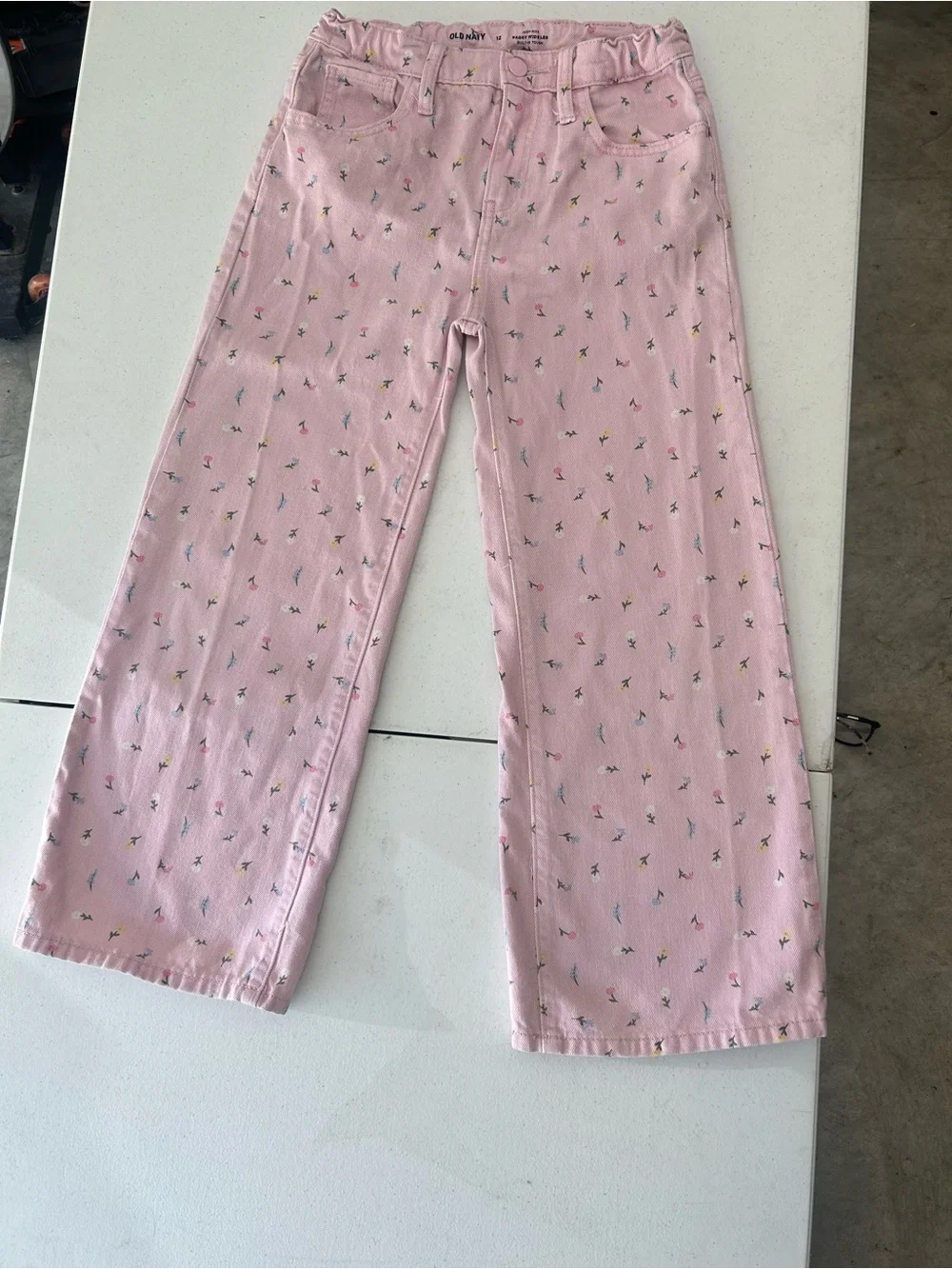 Old Navy Girls Size 12 High Rise Baggy Wide Leg Jeans Pink Floral Print Denim